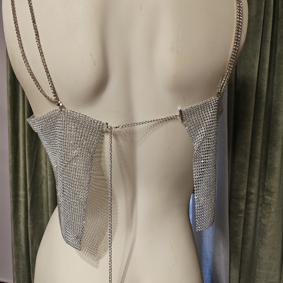 Silver Crystal Chain Tank Top Glitter Metal Mesh top - Picture 3 of 10